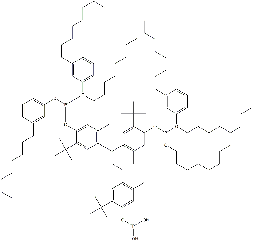 [3-Methyl-1,1,3-propanetriyltris(2-tert-butyl-5-methyl-4,1-phenyleneoxy)]tris(phosphonous acid)O,O',O''-trioctyl O,O',O''-tris(3-octylphenyl) ester Struktur