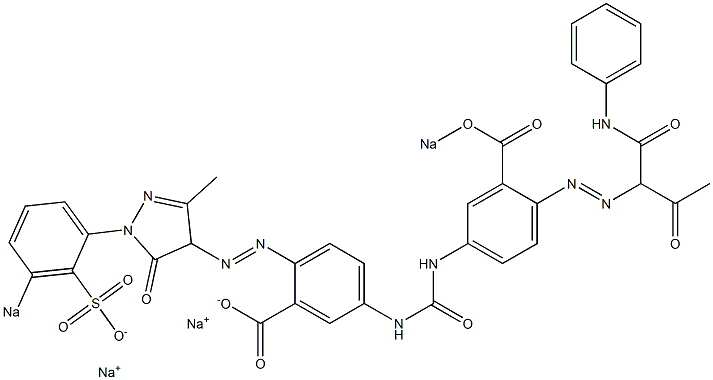 5-[N'-[3-Sodiooxycarbonyl-4-[[2-oxo-1-(phenylaminocarbonyl)propyl]azo]phenyl]ureido]-2-[[4,5-dihydro-3-methyl-5-oxo-1-(3-sodiosulfophenyl)-1H-pyrazol-4-yl]azo]benzoic acid sodium salt Struktur