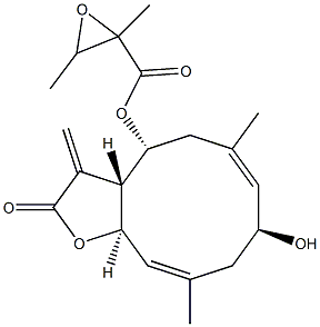 (3aR,4R,6E,8S,10E,11aR)-3a,4,5,8,9,11a-Hexahydro-4-(2,3-dimethyloxiran-2-ylcarbonyloxy)-6,10-dimethyl-3-methylene-8-hydroxycyclodeca[b]furan-2(3H)-one Struktur