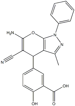 2-Hydroxy-5-[(6-amino-5-cyano-3-methyl-1-phenyl-1,4-dihydropyrano[2,3-c]pyrazol)-4-yl]benzoic acid Struktur