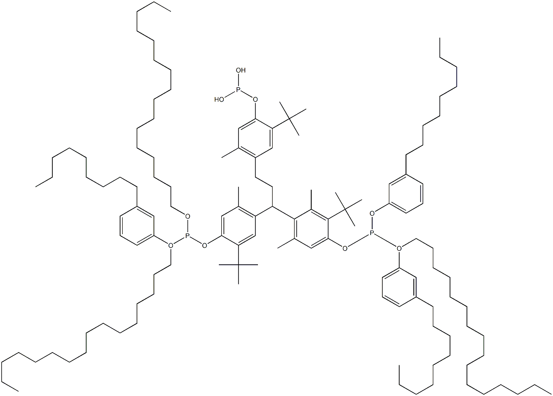 [3-Methyl-1,1,3-propanetriyltris(2-tert-butyl-5-methyl-4,1-phenyleneoxy)]tris(phosphonous acid)O,O',O''-trihexadecyl O,O',O''-tris(3-nonylphenyl) ester Struktur