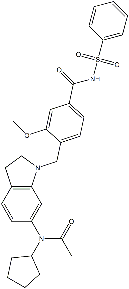 4-[6-(Cyclopentylacetylamino)-(2,3-dihydro-1H-indol)-1-ylmethyl]-3-methoxy-N-(phenylsulfonyl)benzamide Struktur