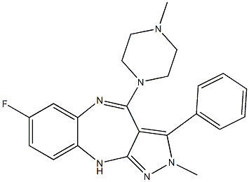 2-Methyl-3-phenyl-4-(4-methylpiperazin-1-yl)-7-fluoro-2,10-dihydropyrazolo[3,4-b][1,5]benzodiazepine Struktur