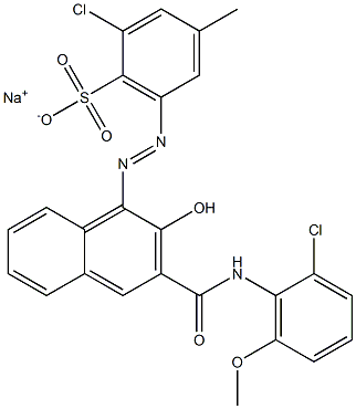 2-Chloro-4-methyl-6-[[3-[[(2-chloro-6-methoxyphenyl)amino]carbonyl]-2-hydroxy-1-naphtyl]azo]benzenesulfonic acid sodium salt Struktur