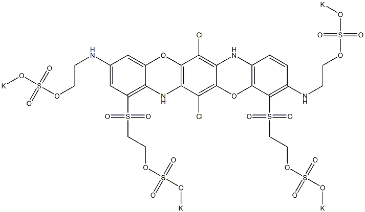 6,13-Dichloro-3,10-bis[2-(potassiooxysulfonyloxy)ethylamino]-4,8-bis[2-(potassiooxysulfonyloxy)ethylsulfonyl]-5,12-dioxa-7,14-diazapentacene Struktur