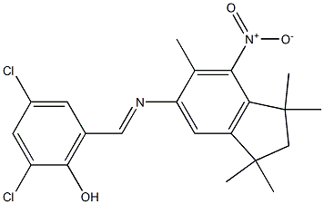 2,4-dichloro-6-{[(1,1,3,3,6-pentamethyl-7-nitro-2,3-dihydro-1H-inden-5-yl)i mino]methyl}phenol Struktur