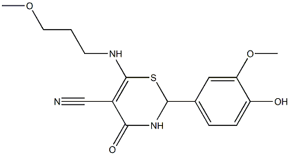 2-(4-hydroxy-3-methoxyphenyl)-6-[(3-methoxypropyl)amino]-4-oxo-3,4-dihydro-2H-1,3-thiazine-5-carbonitrile Struktur