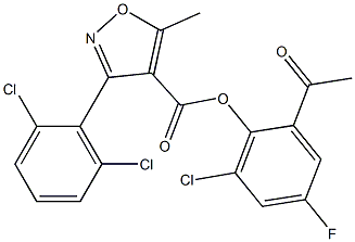 2-acetyl-6-chloro-4-fluorophenyl 3-(2,6-dichlorophenyl)-5-methylisoxazole-4-carboxylate Struktur