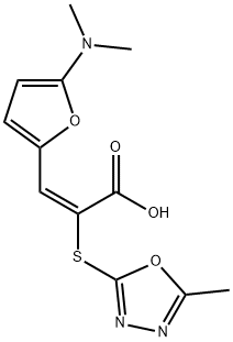 2-Propenoic  acid,  3-[5-(dimethylamino)-2-furanyl]-2-[(5-methyl-1,3,4-oxadiazol-2-yl)thio]-,  (2E)- Struktur