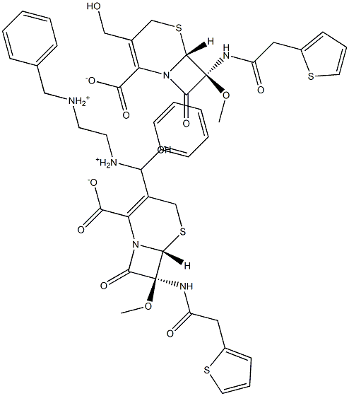 N,N'-dibenzylethane-1,2-bis(aminium) bis{(6R,7S)-3-(hydroxymethyl)-7-methoxy-8-oxo-7-[2-(2-thienyl)acetamido]-5-thia-1-azabicyclo[4.2.0]oct-2-ene-2-carboxylate} Struktur