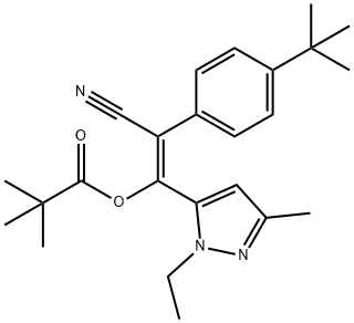 Z-2-(4-tert-butylphenyl)-2-cyano-1-(1-ethyl-3-methyl-1H-pyrazol-5-yl)eth-1-en-1-yl 2,2-dimethylpropanoate Struktur