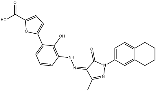 2-Furancarboxylic acid, 5-[3-[(2Z)-2-[1,5-dihydro-3-methyl-5-oxo-1-(5,6,7,8-tetrahydro-2-naphthalenyl)-4H-pyrazol-4-ylidene]hydrazinyl]-2-hydroxyphenyl]- Struktur