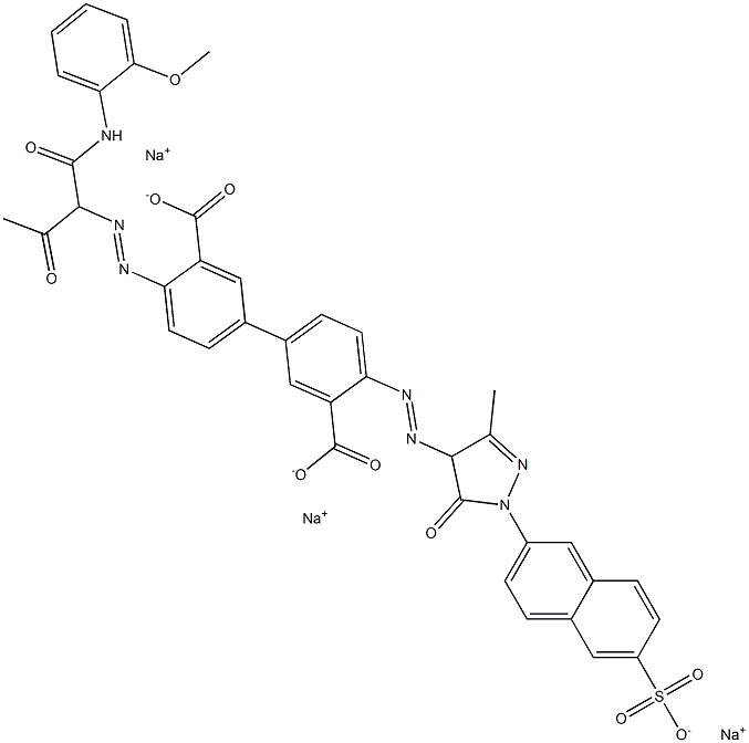 [1,1'-Biphenyl]-3,3'-dicarboxylic acid, 4-[[4,5-dihydro-3-methyl-5-oxo-1-(6-sulfo-2-naphthalenyl)-1H-pyrazol-4-yl]azo]-4'-[[1-[[(2-methoxyphenyl)amino]carbonyl]-2-oxopropyl]azo]-, trisodium salt Struktur