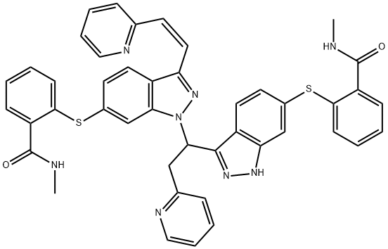 Benzamide, N-methyl-2-[[1-[1-[6-[[2-[(methylamino)carbonyl]phenyl]thio]-1H-indazol-3-yl]-2-(2-pyridinyl)ethyl]-3-[(1Z)-2-(2-pyridinyl)ethenyl]-1H-indazol-6-yl]thio]- Struktur