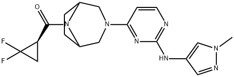 4-[(1R,5S)-8-[(1R)-2,2-difluorocyclopropanecarbonyl]-3,8-diazabicyclo[3.2.1]octan-3-yl]-N-(1-methyl-1H-pyrazol-4-yl)pyrimidin-2-amine Struktur