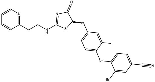 3-Bromo-4-[2-fluoro-4-[[4-oxo-2-[[2-(pyridin-2-yl)ethyl]amino]-1,3-thiazol-5-(4H)ylidene]methyl]phenoxy]benzonitrile Struktur