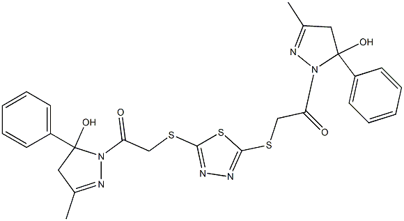 1-{[(5-{[2-(5-hydroxy-3-methyl-5-phenyl-4,5-dihydro-1H-pyrazol-1-yl)-2-oxoethyl]sulfanyl}-1,3,4-thiadiazol-2-yl)sulfanyl]acetyl}-3-methyl-5-phenyl-4,5-dihydro-1H-pyrazol-5-ol Struktur