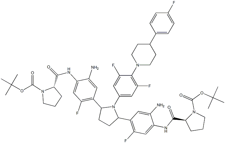 di-tert-butyl 2,2'-(((((2R,5R)-1-(3,5-difluoro-4-(4-(4-fluorophenyl)piperidin-1-yl)phenyl)pyrrolidine-2,5-diyl)bis(2-amino-5-fluoro-4,1-phenylene))bis(azanediyl))bis(carbonyl))(2S,2'S)-bis(pyrrolidine-1-carboxylate) Struktur