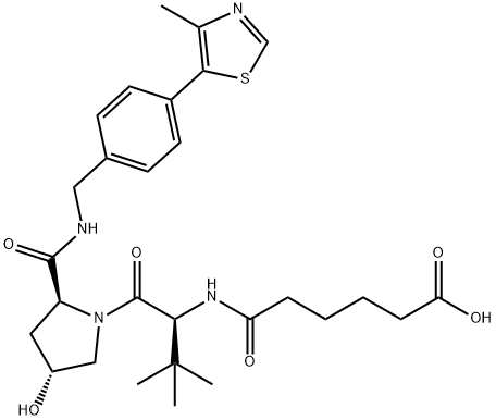 6-(((S)-1-((2S,4R)-4-hydroxy-2-((4-(4-methylthiazol-5-yl)benzyl)carbamoyl)pyrrolidin-1-yl)-3,3-dimethyl-1-oxobutan-2-yl)amino)-6-oxohexanoic acid Struktur