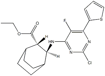 ethyl (2S,3S)-3-((2-chloro-5-fluoro-6-(thiophen-2-yl)pyrimidin-4-yl)amino)bicyclo[2.2.2]octane-2-carboxylate Struktur