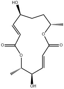 1,7-Dioxacyclotetradeca-3,9-diene-2,8-dione, 5,11-dihydroxy-6,14-dimethyl-, (3E,5R,6S,9E,11S,14S)- Struktur