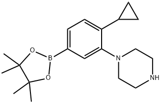 1-(2-cyclopropyl-5-(4,4,5,5-tetramethyl-1,3,2-dioxaborolan-2-yl)phenyl)piperazine Struktur