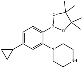 1-(5-cyclopropyl-2-(4,4,5,5-tetramethyl-1,3,2-dioxaborolan-2-yl)phenyl)piperazine Struktur