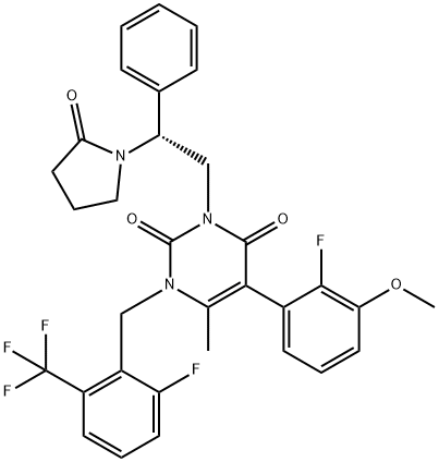 (R)-5-(2-fluoro-3-methoxyphenyl)-1-(2-fluoro-6-(trifluoromethyl)benzyl)-6-methyl-3-(2-(2-oxopyrrolidin-1-yl)-2-phenylethyl)pyrimidine-2,4(1H,3H)-dione Struktur