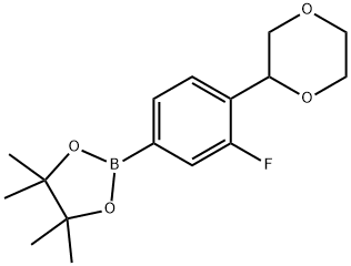 2-(4-(1,4-dioxan-2-yl)-3-fluorophenyl)-4,4,5,5-tetramethyl-1,3,2-dioxaborolane Struktur