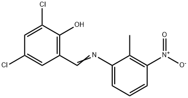 2,4-dichloro-6-{[(2-methyl-3-nitrophenyl)imino]methyl}phenol Struktur