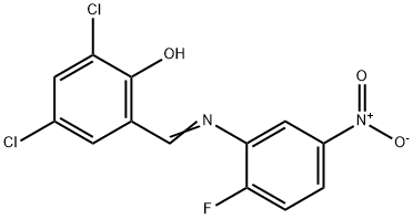 2,4-dichloro-6-{[(2-fluoro-5-nitrophenyl)imino]methyl}phenol Struktur