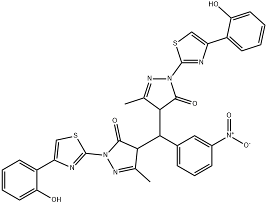 4-({3-nitrophenyl}{1-[4-(2-hydroxyphenyl)-1,3-thiazol-2-yl]-3-methyl-5-oxo-4,5-dihydro-1H-pyrazol-4-yl}methyl)-2-[4-(2-hydroxyphenyl)-1,3-thiazol-2-yl]-5-methyl-2,4-dihydro-3H-pyrazol-3-one Struktur