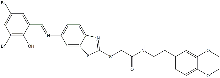 2-({6-[(3,5-dibromo-2-hydroxybenzylidene)amino]-1,3-benzothiazol-2-yl}sulfanyl)-N-[2-(3,4-dimethoxyphenyl)ethyl]acetamide Struktur