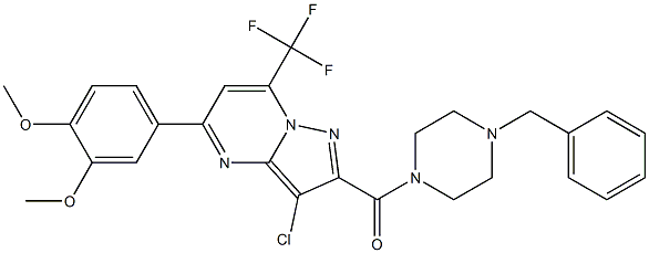 2-[(4-benzyl-1-piperazinyl)carbonyl]-3-chloro-5-(3,4-dimethoxyphenyl)-7-(trifluoromethyl)pyrazolo[1,5-a]pyrimidine Struktur