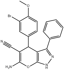 6-amino-4-(3-bromo-4-methoxyphenyl)-3-phenyl-2,4-dihydropyrano[2,3-c]pyrazole-5-carbonitrile Struktur