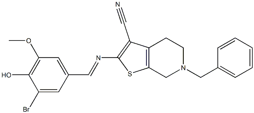 6-benzyl-2-[(3-bromo-4-hydroxy-5-methoxybenzylidene)amino]-4,5,6,7-tetrahydrothieno[2,3-c]pyridine-3-carbonitrile Struktur