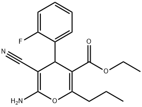 ethyl 6-amino-5-cyano-4-(2-fluorophenyl)-2-propyl-4H-pyran-3-carboxylate Struktur