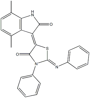 4,7-dimethyl-3-[4-oxo-3-phenyl-2-(phenylimino)-1,3-thiazolidin-5-ylidene]-1,3-dihydro-2H-indol-2-one Struktur