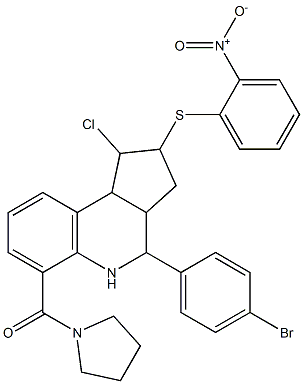 4-(4-bromophenyl)-1-chloro-2-({2-nitrophenyl}sulfanyl)-6-(1-pyrrolidinylcarbonyl)-2,3,3a,4,5,9b-hexahydro-1H-cyclopenta[c]quinoline Struktur