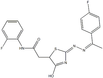 N-(2-fluorophenyl)-2-(2-{[1-(4-fluorophenyl)ethylidene]hydrazono}-4-hydroxy-2,5-dihydro-1,3-thiazol-5-yl)acetamide Struktur