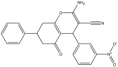 2-amino-4-{3-nitrophenyl}-5-oxo-7-phenyl-5,6,7,8-tetrahydro-4H-chromene-3-carbonitrile Struktur