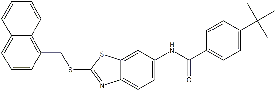 4-tert-butyl-N-{2-[(1-naphthylmethyl)sulfanyl]-1,3-benzothiazol-6-yl}benzamide Struktur