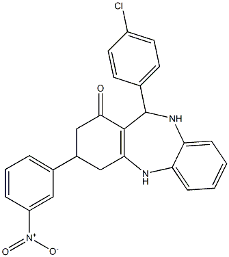 11-(4-chlorophenyl)-3-{3-nitrophenyl}-2,3,4,5,10,11-hexahydro-1H-dibenzo[b,e][1,4]diazepin-1-one Struktur