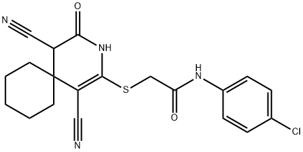 N-(4-chlorophenyl)-2-[(1,5-dicyano-4-oxo-3-azaspiro[5.5]undec-1-en-2-yl)sulfanyl]acetamide Struktur