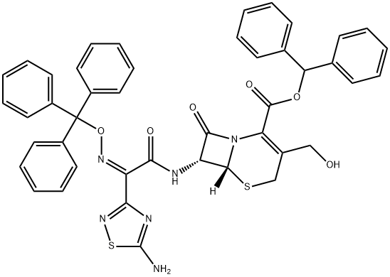 diphenylmethyl (6R,7R)-7-[(2Z)-2-(5-amino-1,2,4-thiadiazol-3-yl)-2-[(triphenylmethoxy)imino]acetamido]-3-(hydroxymethyl)-8-oxo-5-thia-1-azabicyclo[4.2.0]oct-2-ene-2-carboxylate Struktur