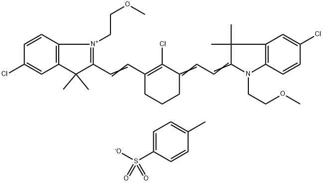 5-Chloro-2-[2-(2-chloro-3-{2-[5-chloro-1-(2-methoxy-ethyl)-3,3-dimethyl-1,3-dihydro-indol-2-ylidene]-ethylidene}-cyclohex-1-enyl)-vinyl]-1-(2-methoxy-ethyl)-3,3-dimethyl-3H-indolium 4-methylbenzenesulfonate Struktur