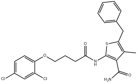 5-benzyl-2-{[4-(2,4-dichlorophenoxy)butanoyl]amino}-4-methyl-3-thiophenecarboxamide Struktur