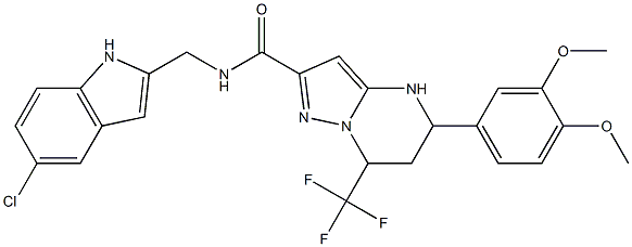 N-[(5-chloro-1H-indol-2-yl)methyl]-5-(3,4-dimethoxyphenyl)-7-(trifluoromethyl)-4,5,6,7-tetrahydropyrazolo[1,5-a]pyrimidine-2-carboxamide Struktur