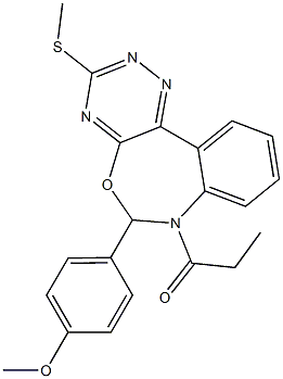 6-(4-methoxyphenyl)-3-(methylsulfanyl)-7-propionyl-6,7-dihydro[1,2,4]triazino[5,6-d][3,1]benzoxazepine Struktur