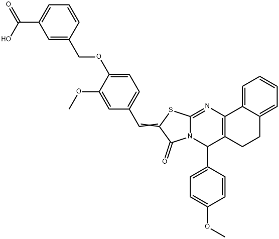 3-({2-methoxy-4-[(7-(4-methoxyphenyl)-9-oxo-5,7-dihydro-6H-benzo[h][1,3]thiazolo[2,3-b]quinazolin-10(9H)-ylidene)methyl]phenoxy}methyl)benzoic acid Struktur